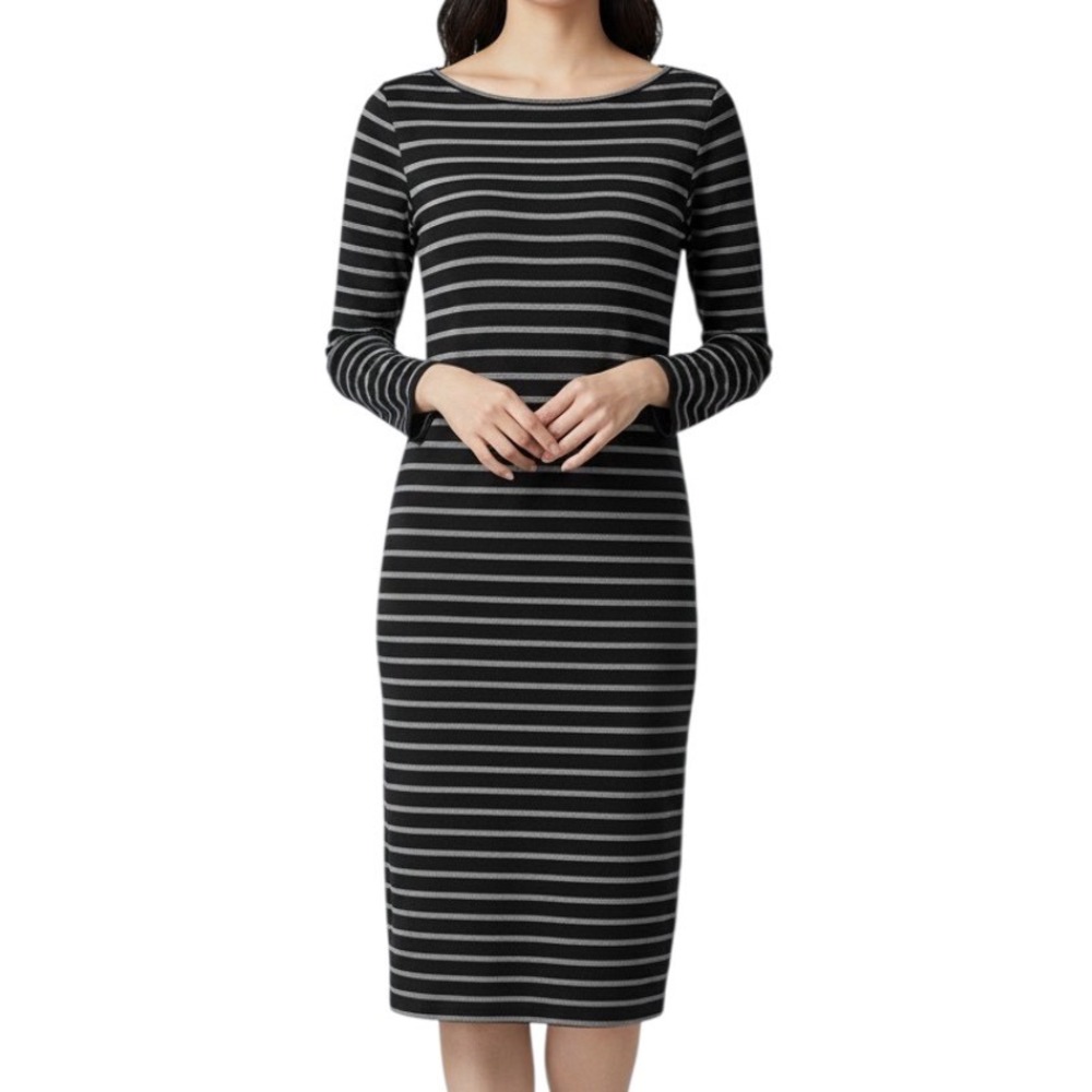 BCBG MAX AZRIA Black/Gray Stripes TENCEL KNIT Midi Shift T-Shirt Dress SIZE L